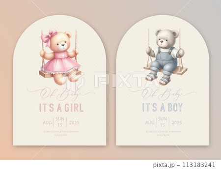 Cute baby shower watercolor invitation card for baby and kids new born celebration. Its a girl, Its a boy card with plush toy teddy bear rides on a swing. 113183241