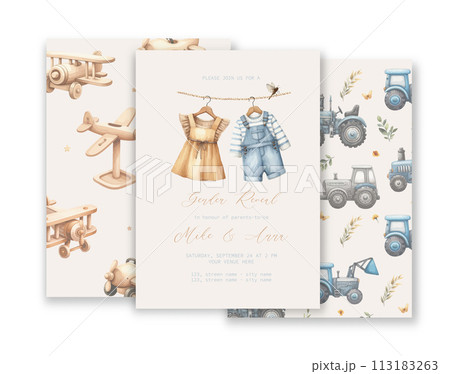 Cute baby shower watercolor invitation card for baby and kids new born celebration with baby clothes and toys. Cute baby shower watercolor invitation card for baby and kids new born celebration with baby clothes and toys. 113183263