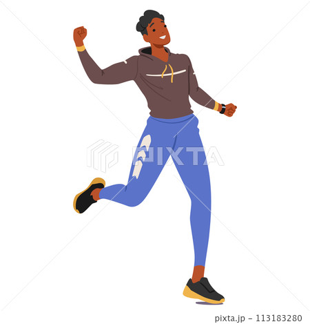 Triumphant Young Man Runner Punches The Air With Clenched Fists, His Face Alight With Joy, As He Crosses The Finish Line Triumphant Young Man Runner Punches The Air With Clenched Fists, His Face Alight With Joy, As He Crosses The Finish Line 113183280