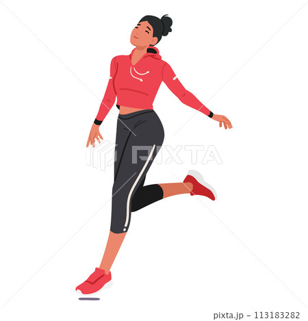 Young Girl Runner Races Forward, Her Limbs In Perfect Harmony With Her Relentless Spirit, Cartoon Vector Illustration 113183282