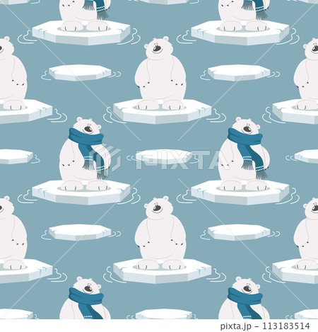Seamless pattern with cute polar bears on an ice floe on a blue background. Design for print, textile, fabric. Vector 113183514