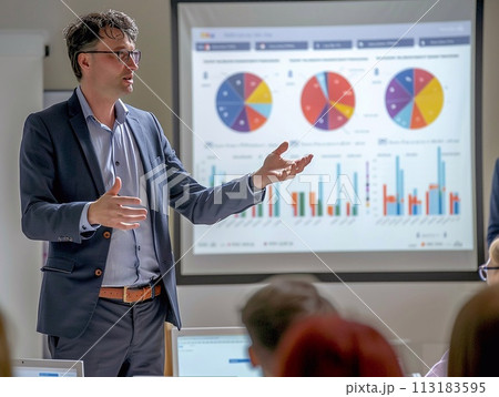 Strategic insights, CEO Businessman shows data to presentation at business conference. 113183595
