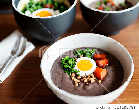 Realistic poke bowl with cozy detailed restaurant 113183781