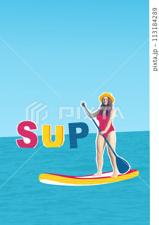 Vertical composite collage image sketch summer activity concept. Woman sailing on a sup surfing board on the sea with inscription SUP. 113184289