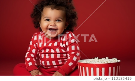 Smiling child girl with popcorn from red cinema box isolated on solid background Smiling child girl with popcorn from red cinema box isolated on solid background 113185419