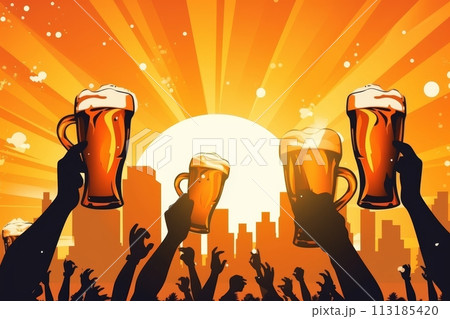 Group of friends hanging out at bar, drinking beers and enjoying cheerful atmosphere together 113185420