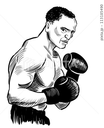 Boxing athlete. Hand drawn retro styled black and white drawing Boxing athlete. Hand drawn retro styled black and white drawing 113185490