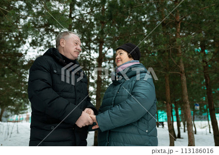 Cute retired couple going for a walk and holding hands together Cute retired couple going for a walk and holding hands together 113186016