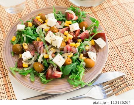 fresh vegetarian healthy vegetable salad with arugula and chees fresh vegetarian healthy vegetable salad with arugula and chees 113186264