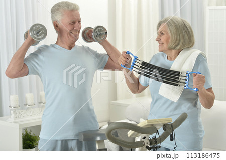 Portrait of happy sporty senior couple exercising Portrait of happy sporty senior couple exercising 113186475