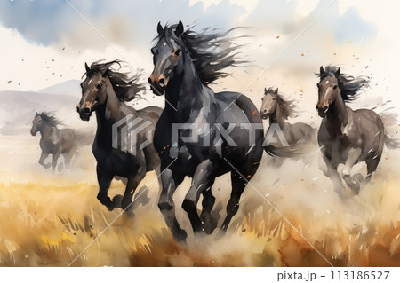 black horses galloping on grassland watercolor style by Generative AI black horses galloping on grassland watercolor style by Generative AI 113186527