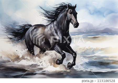 black horse galloping on shore watercolor style by Generative AI 113186528