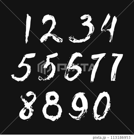 Set of calligraphic numbers painted by white brush on isolated black background. Lettering for your design. Vector illustration. 113186953