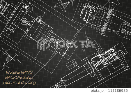 Mechanical engineering drawings on black background. Tap tools, borer. Technical Design. Cover. Blueprint. Vector illustration. 113186986