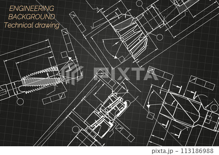 Mechanical engineering drawings on black background. Tap tools, borer. Technical Design. Cover. Blueprint. Vector illustration. 113186988