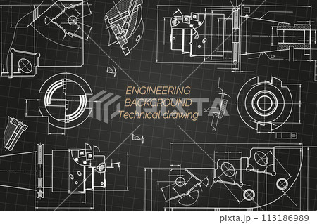 Mechanical engineering drawings on black background. Tap tools, borer. Technical Design. Cover. Blueprint. Vector illustration. 113186989