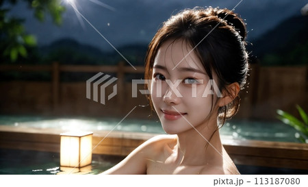 夜の温泉に浸かる女性 113187080