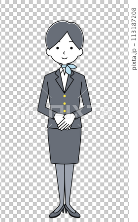 Illustration of a cabin attendant with his hands folded in front of him 113187208