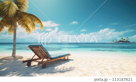 Sun lounger under palm tree on ocean shore overlooking island 113187621