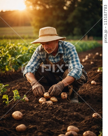 Happy male farmer holding fresh beautiful potato growing in fertile soil on farm bed 113187783