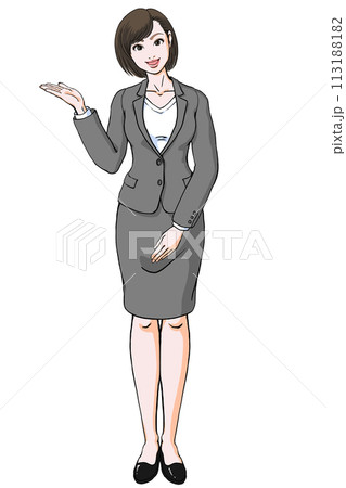 笑顔でご案内するスーツ姿の若い女性_正面_その2 113188182