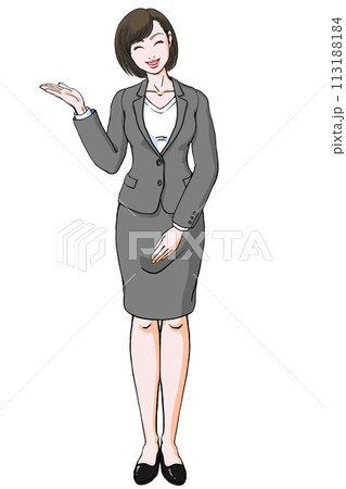 笑顔でご案内するスーツ姿の若い女性_正面_その3 113188184