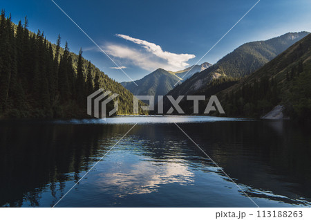 landscape with Lake Kolsai in Tien Shan mountains in Kazakhstan in summer landscape with Lake Kolsai in Tien Shan mountains in Kazakhstan in summer 113188263