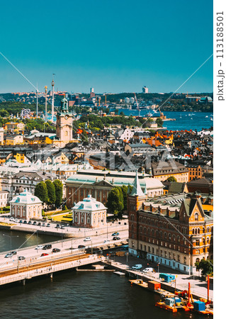 Stockholm, Sweden. Great Church In Cityscape Skyline. Elevated View Of City Center Stockholm, Sweden. Great Church In Cityscape Skyline. Elevated View Of City Center 113188501