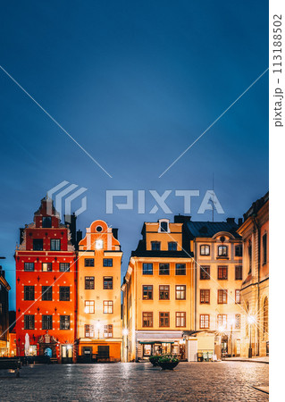Stockholm, Sweden. Famous Old Colorful Houses, Swedish Academy and Nobel Museum In Old Square Stortorget In Gamla Stan. Famous Landmarks And Popular Place. 113188502