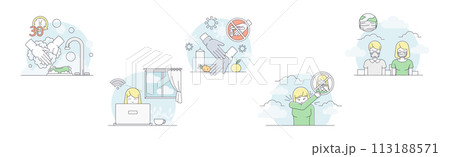 Quarantine and Coronavirus Preventive Measure Line Vector Set 113188571