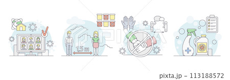 Quarantine and Coronavirus Preventive Measure Line Vector Set 113188572