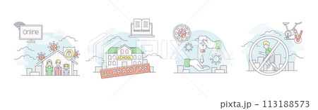 Quarantine and Coronavirus Preventive Measure Line Vector Set Quarantine and Coronavirus Preventive Measure Line Vector Set 113188573