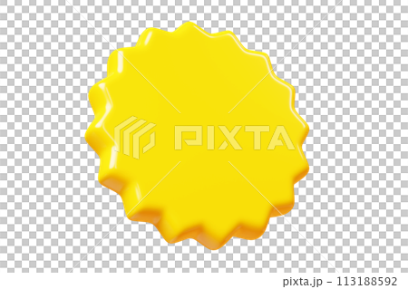 Yellow round starburst sticker floating in air. 3D render illustration circle sale banner and text box for promotion and discount sign. Flying in different angles sunburst badge icon. 113188592