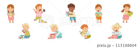 Happy Kid Receive Gift Box Open Present with Excitement Vector Set Happy Kid Receive Gift Box Open Present with Excitement Vector Set 113188604