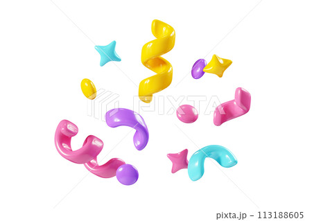 Birthday party popper confetti streamers 3d render illustration. Surprise or winner congratulation serpentine with ribbons and stars. Fly and float party decor after explosion of firecracker. Birthday party popper confetti streamers 3d render illustration. Surprise or winner congratulation serpentine with ribbons and stars. Fly and float party decor after explosion of firecracker. 113188605
