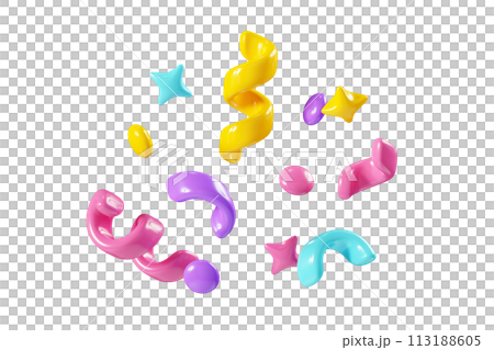 Birthday party popper confetti streamers 3d render illustration. Surprise or winner congratulation serpentine with ribbons and stars. Fly and float party decor after explosion of firecracker. Birthday party popper confetti streamers 3d render illustration. Surprise or winner congratulation serpentine with ribbons and stars. Fly and float party decor after explosion of firecracker. 113188605