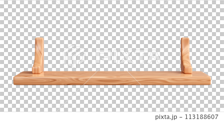 Empty wooden wall shelf. 3D render illustration of blank bookshelf mockup with light brown wood texture for store or home interior. Board rack for storage and product display. 113188607