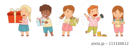 Happy Kid Receive Gift Box Open Present with Excitement Vector Set Happy Kid Receive Gift Box Open Present with Excitement Vector Set 113188612