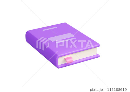 Closed lying purple paper book with pink bookmark 3d render illustration. Literature with hardcover for education, reading and bookshop concept. School and library knowledges element. 113188619