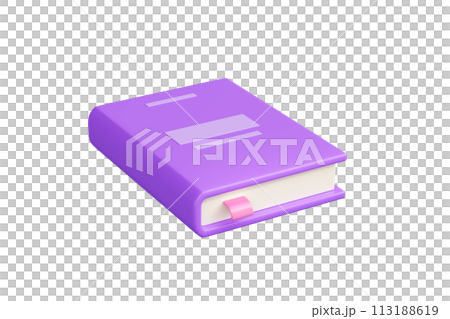 Closed lying purple paper book with pink bookmark 3d render illustration. Literature with hardcover for education, reading and bookshop concept. School and library knowledges element. 113188619