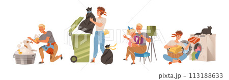 Man Character Doing Housework and Domestic Chores Vector Set 113188633