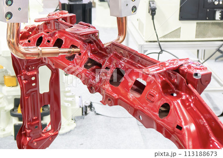 The automotive parts spot welding process by robotic system. 113188673