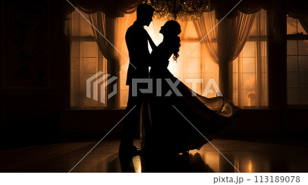 The silhouette of a couple dancing in a ballroom The silhouette of a couple dancing in a ballroom 113189078