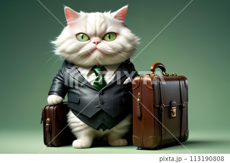 Cat boss in a formal business suit with a briefcase, isolated on a green background 113190808