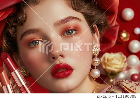 A woman with red hair and red lipstick is wearing a red hat 113190809