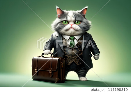 Cat boss in a formal business suit with a briefcase, isolated on a green background 113190810