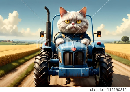 hardworking cat driving a tractor in the field, tractor driver 113190812