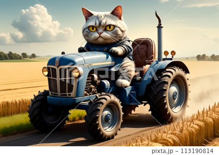 hardworking cat driving a tractor in the field, tractor driver 113190814