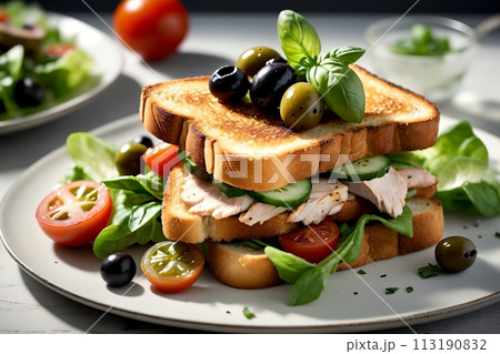 fried toast with lettuce, cucumbers, chicken and other vegetables 113190832