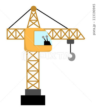 Vector lifting crane with hook. Construction site and road work flat icon. Building transportation clipart. Cute special transport or repair service illustration. Yellow tall tower hoist for kids Vector lifting crane with hook. Construction site and road work flat icon. Building transportation clipart. Cute special transport or repair service illustration. Yellow tall tower hoist for kids 113190945